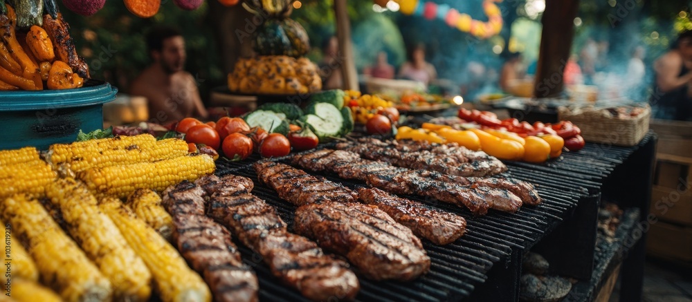 Close-up shot of grilled meat, corn on the cob, and vegetables on a barbecue grill. Close-up shot of grilled meat, corn on the cob, and vegetables on a barbecue grill.