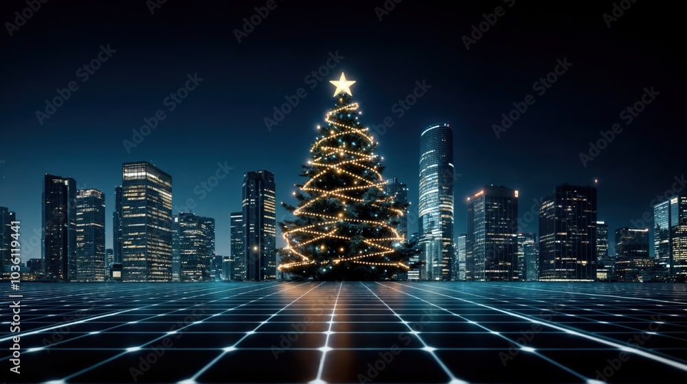 Illuminated Christmas tree on solar-powered rooftop in futuristic city at night, blending tradition with modern technology
