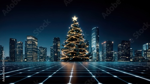 Obraz na płótnie Illuminated Christmas tree on solar-powered rooftop in futuristic city at night, blending tradition with modern technology w salonie