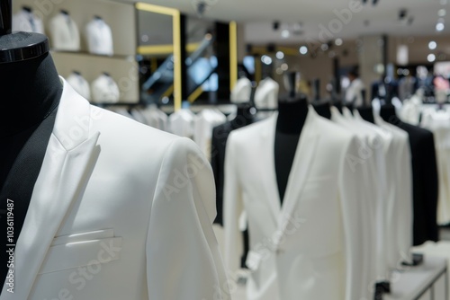 Mannequins display elegant white suits in a well-lit store. Concept of fashion and style. For showcasing formalwear collections. photo