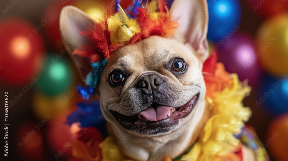 Festliche Bulldogge im farbenfrohen Kostüm für Frühlingsfeste und Haustier-Events Festliche Bulldogge im farbenfrohen Kostüm für Frühlingsfeste und Haustier-Events