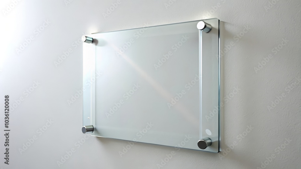 Transparent glass plate is hanging on a white wall, showing an empty space ready for your message or design Transparent glass plate is hanging on a white wall, showing an empty space ready for your message or design