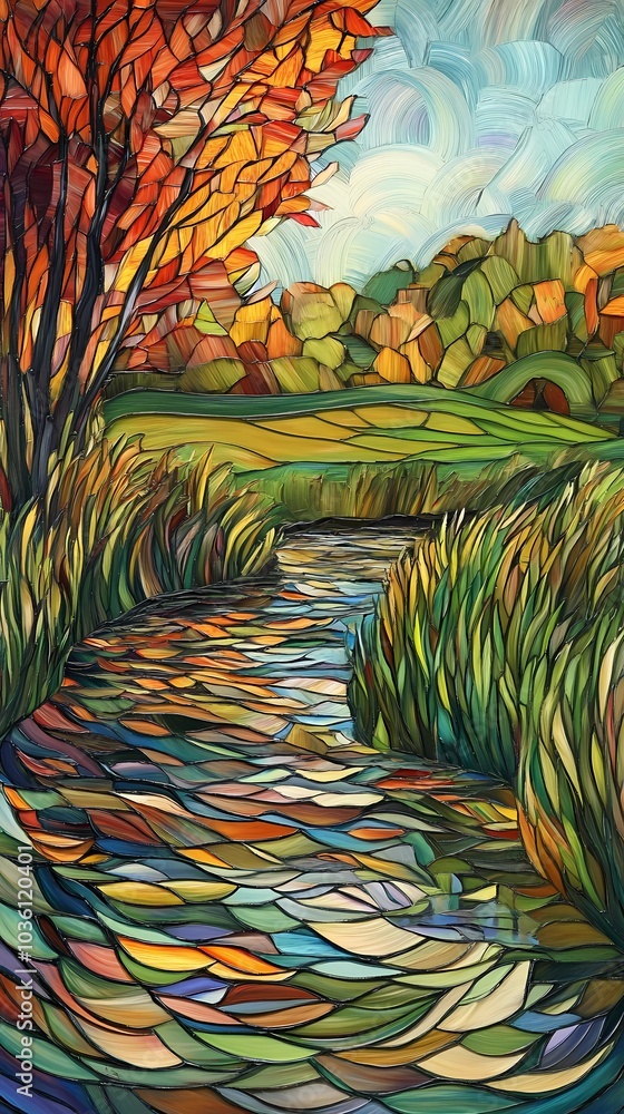 Fototapeta premium Serene autumn stream with vibrant fall colors reflecting on the water, creating a calm and tranquil seasonal scene.