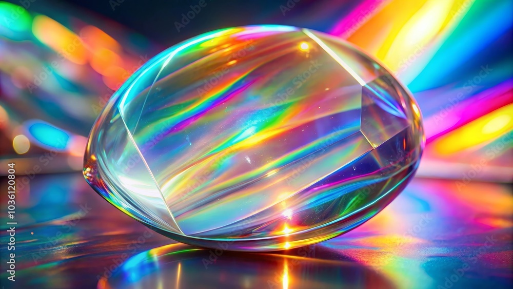 Glass prism is casting a rainbow of colors on a surface, creating a mesmerizing display of light and reflection Glass prism is casting a rainbow of colors on a surface, creating a mesmerizing display of light and reflection