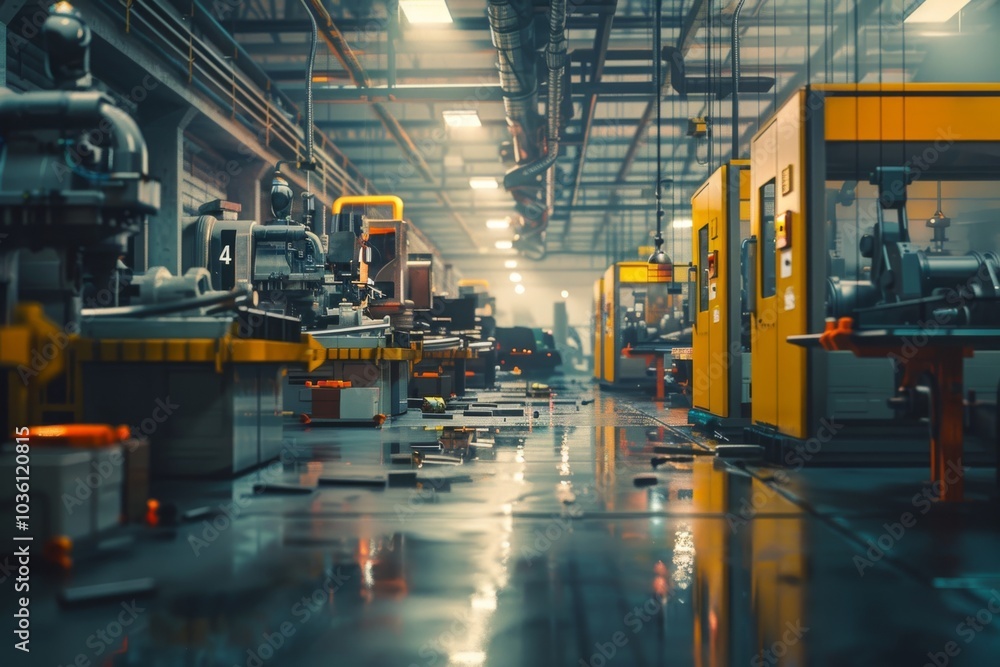 Industrial machines stand idle in a large factory with a glossy floor. Concept of manufacturing and technology. For illustrating industrial themes Industrial machines stand idle in a large factory with a glossy floor. Concept of manufacturing and technology. For illustrating industrial themes