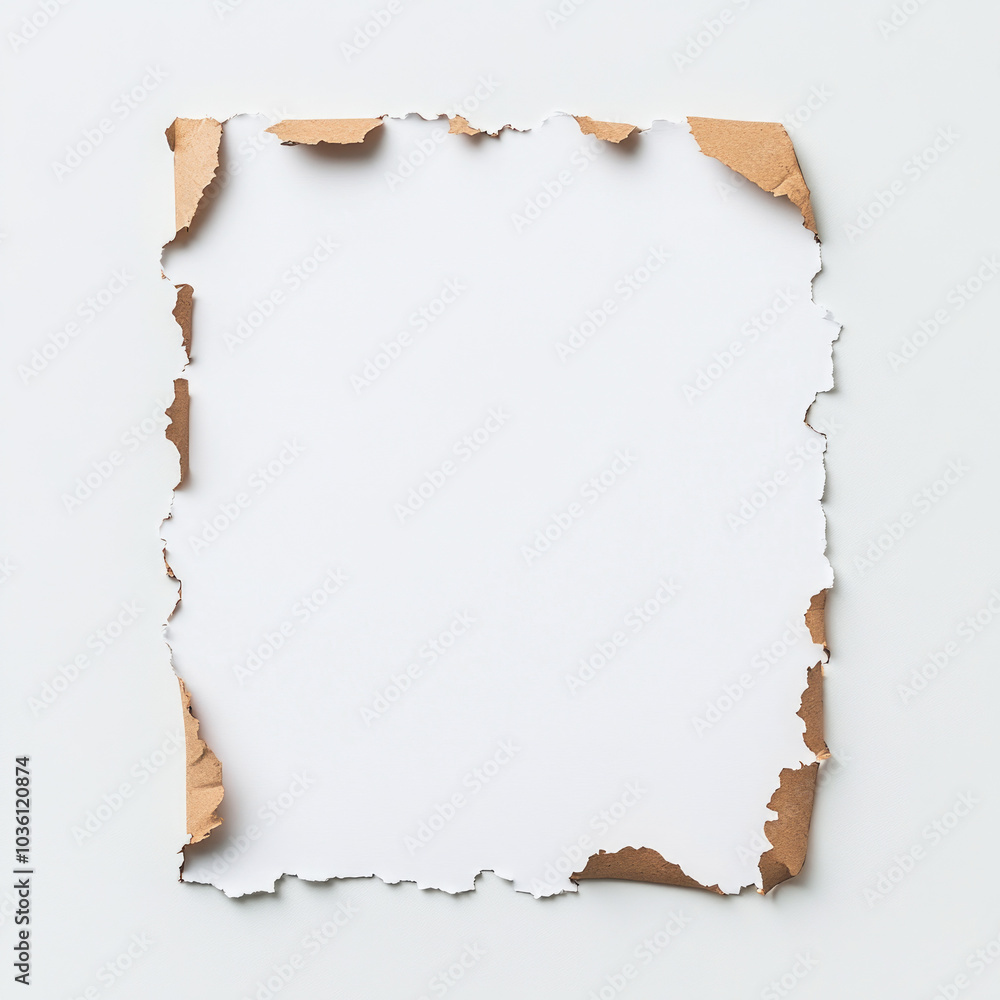 A piece of white paper with a brown border, torn edges and a blank space for text. A piece of white paper with a brown border, torn edges and a blank space for text.