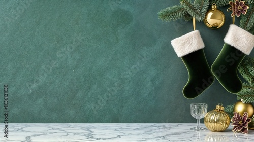 Green velvet Christmas stockings with gold ornaments and wine glass on marble counter, elegant holiday setting