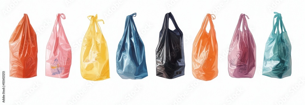 Colorful collection of plastic grocery bags representing consumerism and environmental impact Colorful collection of plastic grocery bags representing consumerism and environmental impact