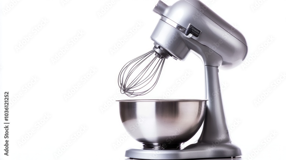 A silver stand mixer with a stainless steel bowl and whisk attachment, used for baking. A silver stand mixer with a stainless steel bowl and whisk attachment, used for baking.