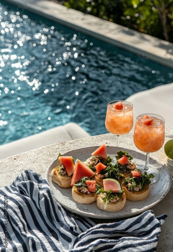 Delicious canapes by the poolside with refreshing drinks and summer vibes in ...