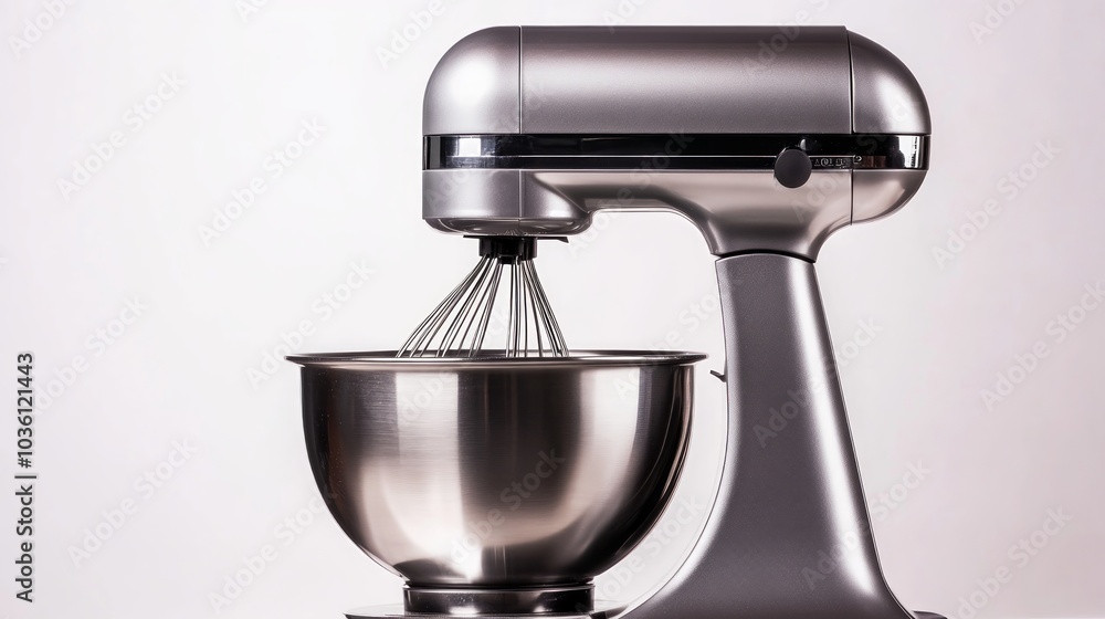 A silver stand mixer with a whisk attachment and a stainless steel bowl for baking and cooking. A silver stand mixer with a whisk attachment and a stainless steel bowl for baking and cooking.