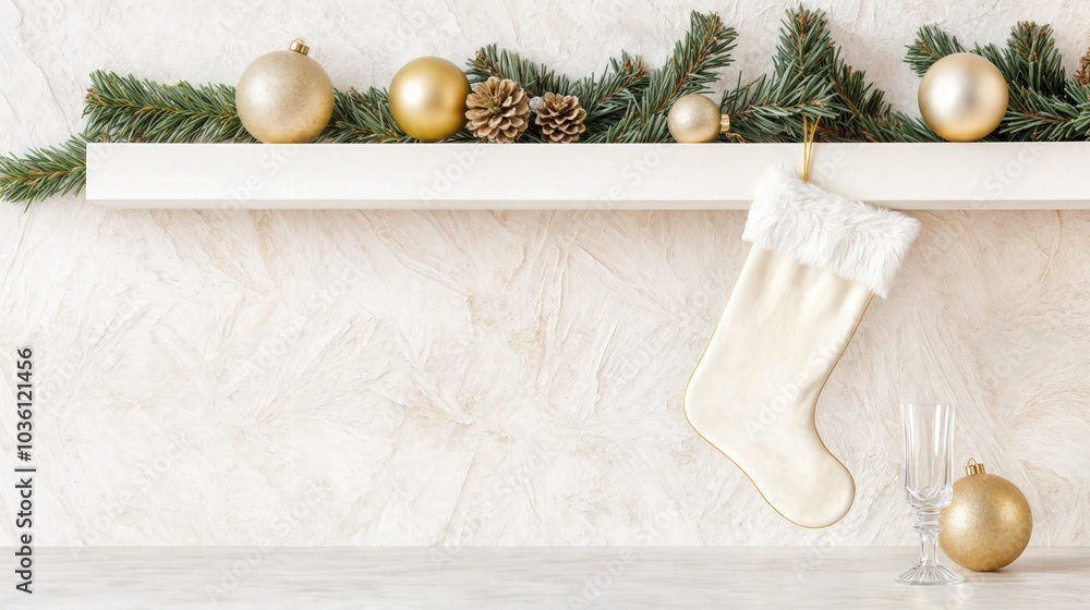 White christmas stocking with gold ornaments and pinecones on shelf, minimalistic holiday decor
