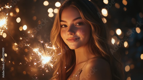 Young woman smiling while holding a sparkler against a backdrop of sparkling ...