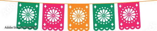 Mexican papel picado paper. Flags for holidays, weddings, parties, birthdays in Mexican style. Vector illustration isolated on transparent background.