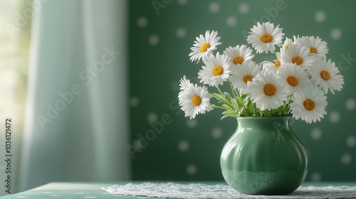 A vibrant green vase filled with fresh daisies on a rustic wooden table by th...