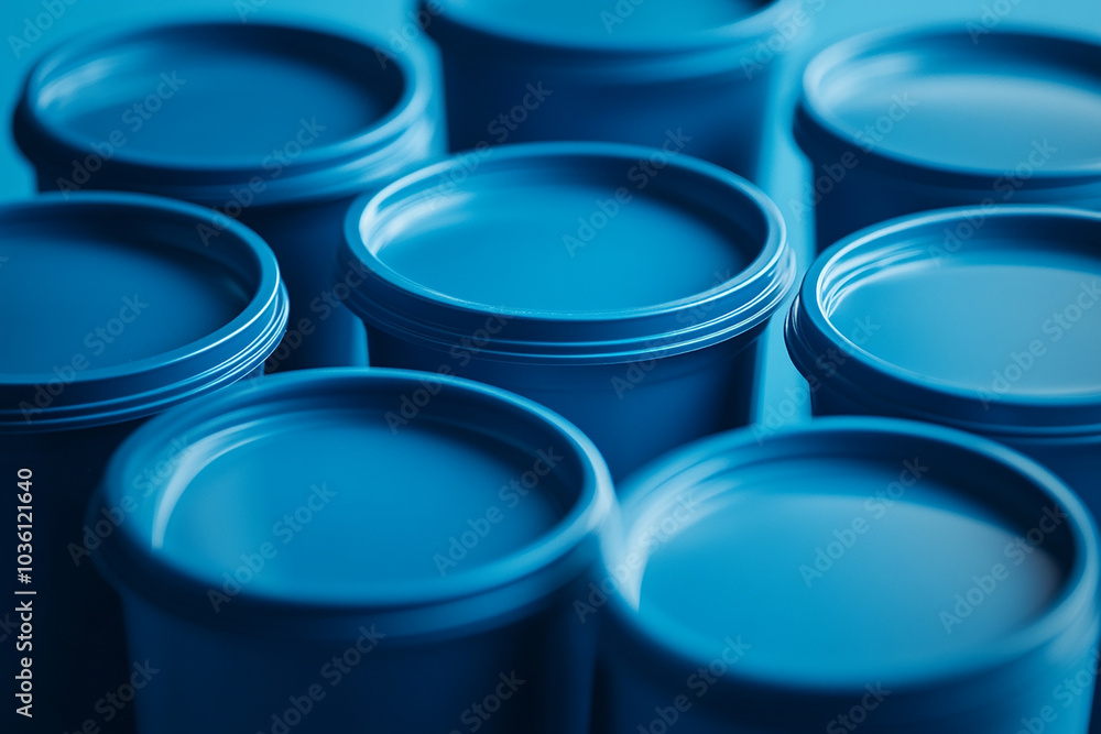 Close up of sleek blue plastic containers with simple backgrounds generated.AI Close up of sleek blue plastic containers with simple backgrounds generated.AI