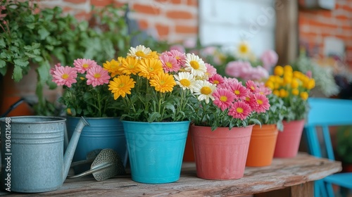 Wallpaper Mural Colorful flowers in vibrant pots arranged on a rustic wooden table in a sunny outdoor setting Torontodigital.ca