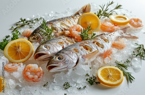 Freshly caught seafood platter with shrimp, fish, and lemon garnishes arrange...