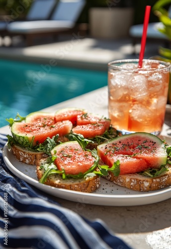 Refreshing summer snack of watermelon toast beside a sparkling pool in bright...