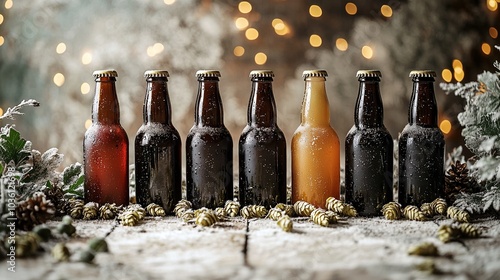   A cluster of frosty beers perched atop a snow-draped table surrounded by conifery photo