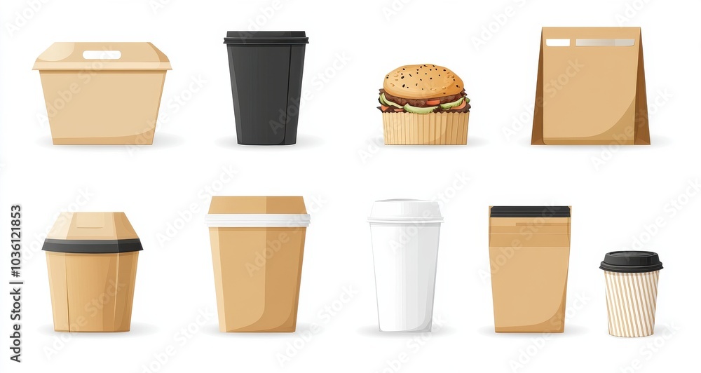 A diverse array of takeout packaging designs including coffee cups, burger wrappers and paper bags showcasing modern convenience and eco-friendly materials