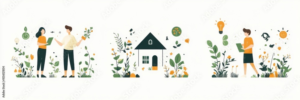 Illustration of sustainable living and collaboration with nature featuring eco-friendly symbols and community engagement Illustration of sustainable living and collaboration with nature featuring eco-friendly symbols and community engagement