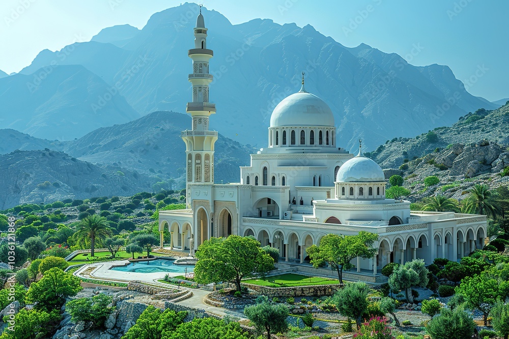Obraz premium A white mosque with a tall minaret stands against a backdrop of mountains.