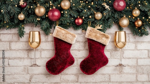Christmas stockings with gold wine glasses and ornaments, hanging decor on white brick wall