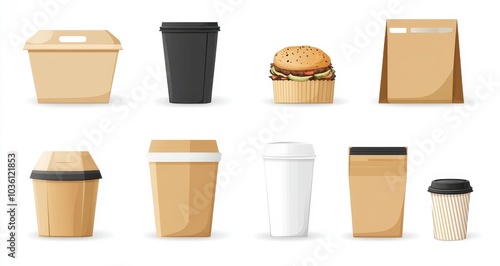 Obraz na płótnie A diverse array of takeout packaging designs including coffee cups, burger wrappers and paper bags showcasing modern convenience and eco-friendly materials w salonie