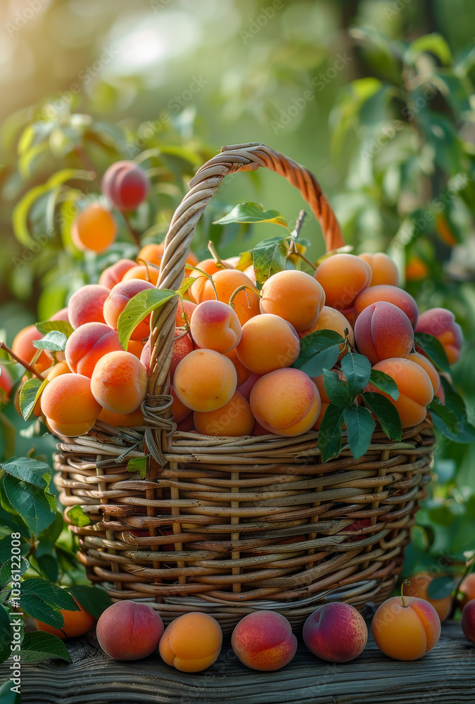 Fresh peaches in a wicker basket outside. A wicker basket overflowing with ripe peaches sits among green leaves in a sunny outdoor setting, showcasing the bounty of summer. Fresh peaches in a wicker basket outside. A wicker basket overflowing with ripe peaches sits among green leaves in a sunny outdoor setting, showcasing the bounty of summer.