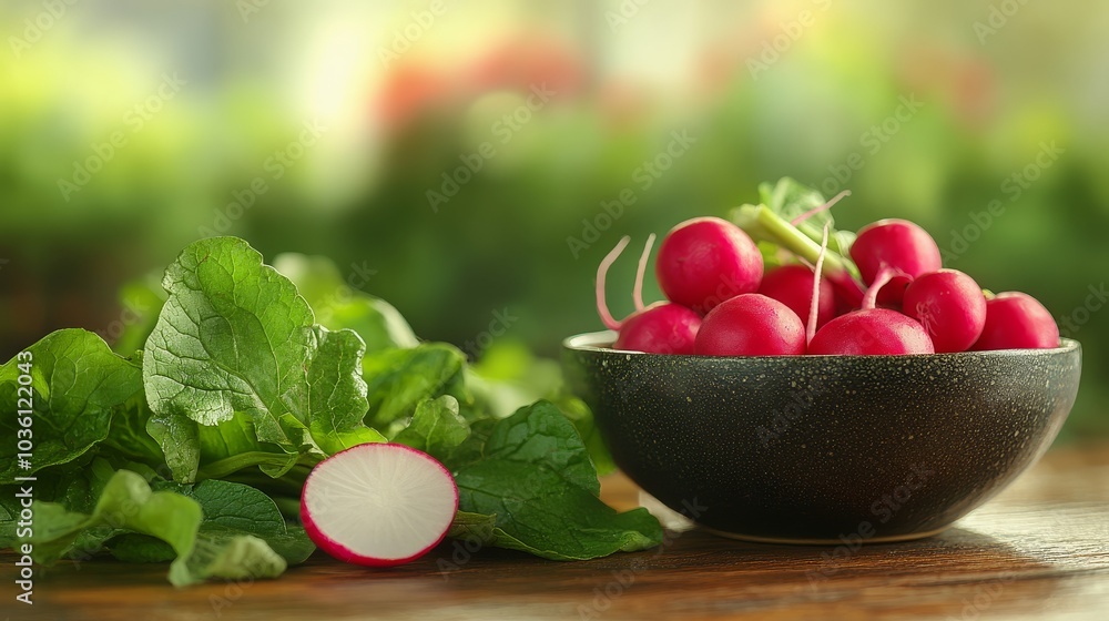 Freshly harvested radishes and leafy greens arranged on a wooden table in a sunny kitchen setting Freshly harvested radishes and leafy greens arranged on a wooden table in a sunny kitchen setting