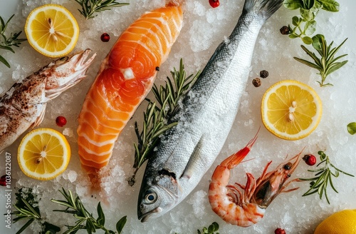 Freshly caught seafood platter with shrimp, fish, and lemon garnishes arrange...