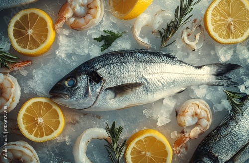 Freshly caught seafood platter with shrimp, fish, and lemon garnishes arrange...
