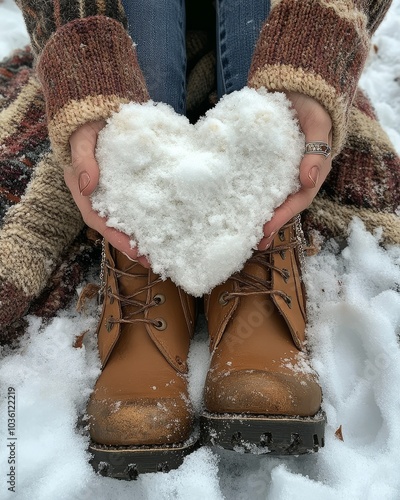 A person holds a heart shaped snowball while sitting in the winter snow, show...