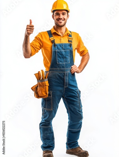 Young construction worker in overalls giving a thumbs up against a white back...
