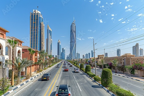A wide shot of a modern city street in the Middle East.