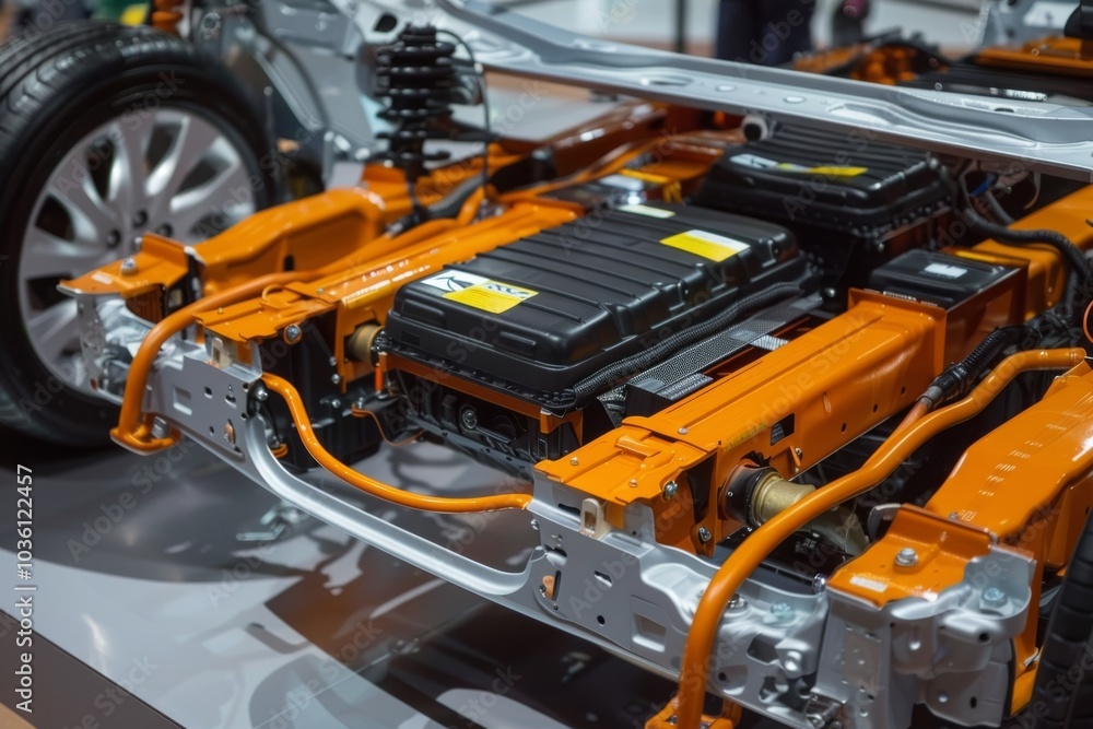 A detailed car frame showing a battery setup with orange cables is visible. Concept revolves around electric vehicle technology. For educational purposes on renewable energy solutions. A detailed car frame showing a battery setup with orange cables is visible. Concept revolves around electric vehicle technology. For educational purposes on renewable energy solutions.
