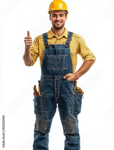 Young construction worker in overalls giving a thumbs up against a white back...