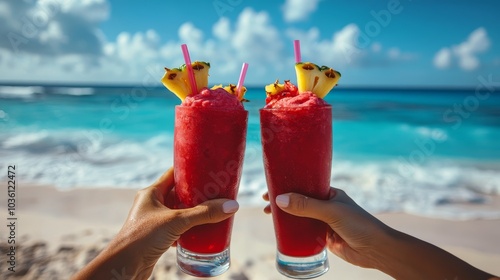 Enjoying tropical fruit smoothies on a sunny beach by the turquoise ocean waves