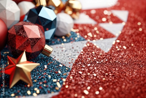 Close-up of geometric Christmas ornaments on a sparkling surface, festive decorations for retail displays