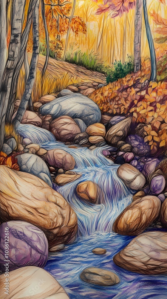 Flowing stream in a serene autumn park, with colorful fall foliage and golden leaves scattered along the water’s edge, creating a calm scene. Flowing stream in a serene autumn park, with colorful fall foliage and golden leaves scattered along the water’s edge, creating a calm scene.