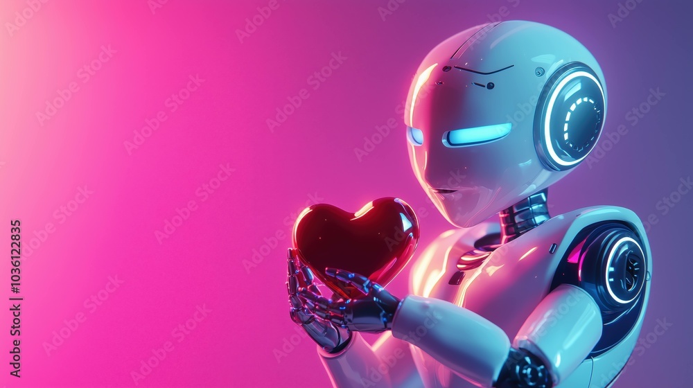 A futuristic robot with a heart, gradient pink background, technology poster A futuristic robot with a heart, gradient pink background, technology poster