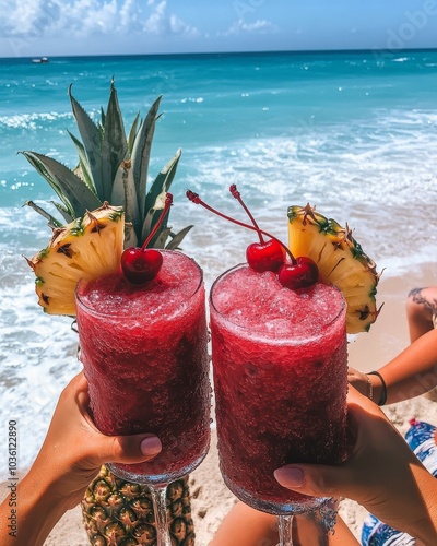 Refreshing tropical cocktails with cherries and pineapples enjoyed on a sunny...