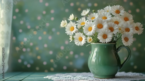 A vibrant green vase filled with fresh daisies on a rustic wooden table by th...