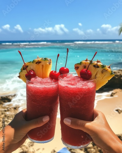 Refreshing tropical cocktails with cherries and pineapples enjoyed on a sunny...