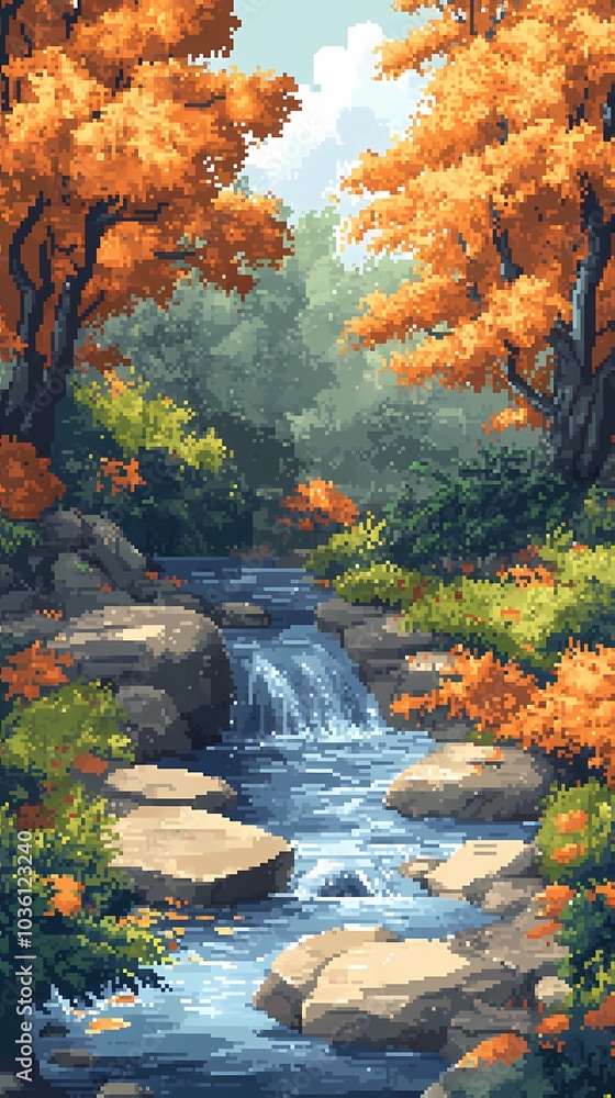 Flowing stream in a serene autumn park, with colorful fall foliage and golden leaves scattered along the water’s edge, creating a calm scene. Flowing stream in a serene autumn park, with colorful fall foliage and golden leaves scattered along the water’s edge, creating a calm scene.