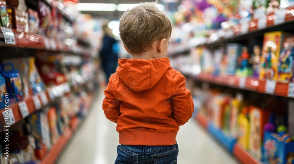 Kind erkundet im Frühling die Gänge eines Spielwarenladens, um mit der Familie einzukaufen Kind erkundet im Frühling die Gänge eines Spielwarenladens, um mit der Familie einzukaufen