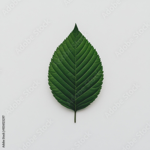 A single green leaf sits against a white background. photo