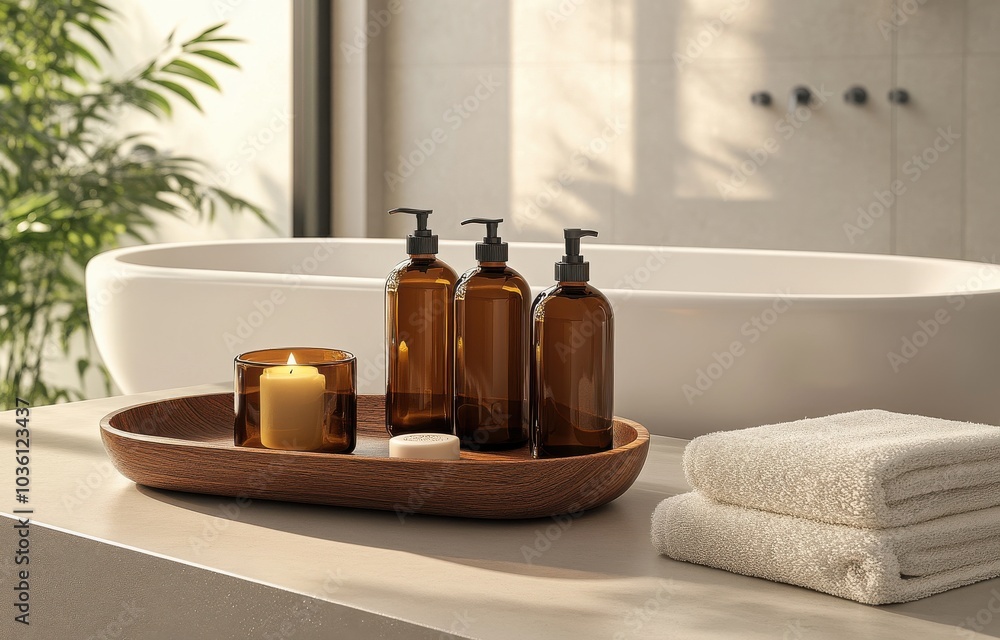 Serene spa scene featuring brown glass bottles, candle, and towels on a tray beside a luxurious bathtub Serene spa scene featuring brown glass bottles, candle, and towels on a tray beside a luxurious bathtub