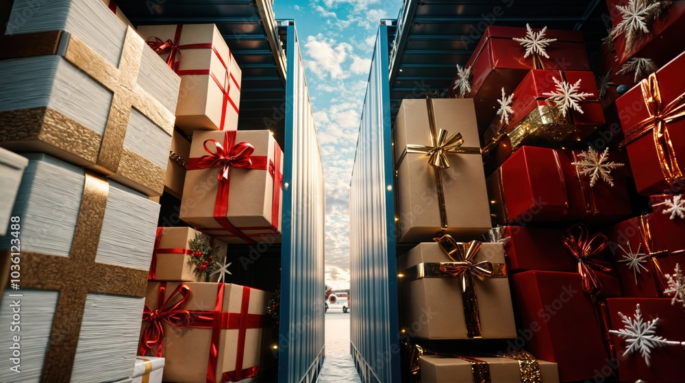 Large Christmas gift boxes stacked in shipping containers, holiday logistics and gift delivery
